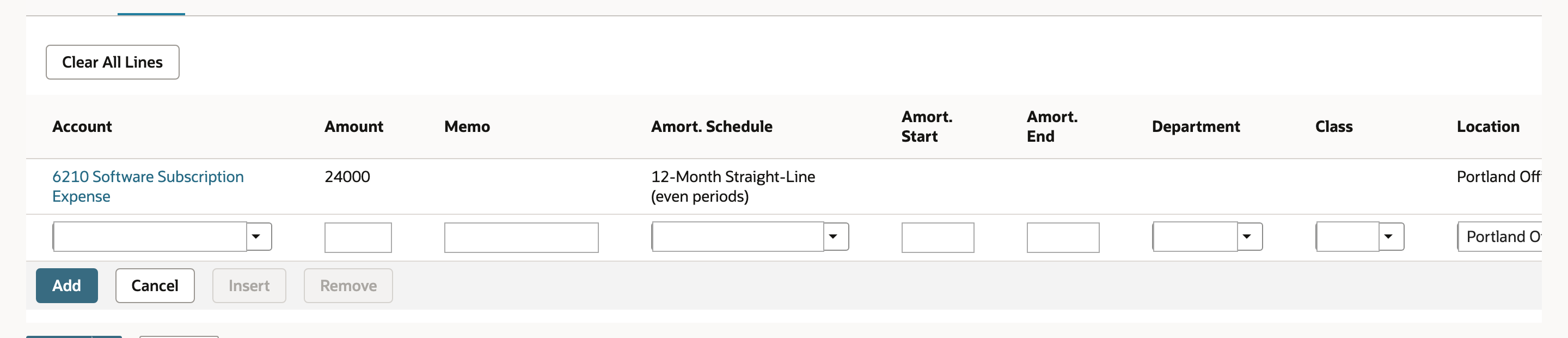 NetSuite vendor bill expense line with an account, 24000 amount, and a twelve-month template selected in the Amort. Schedule column