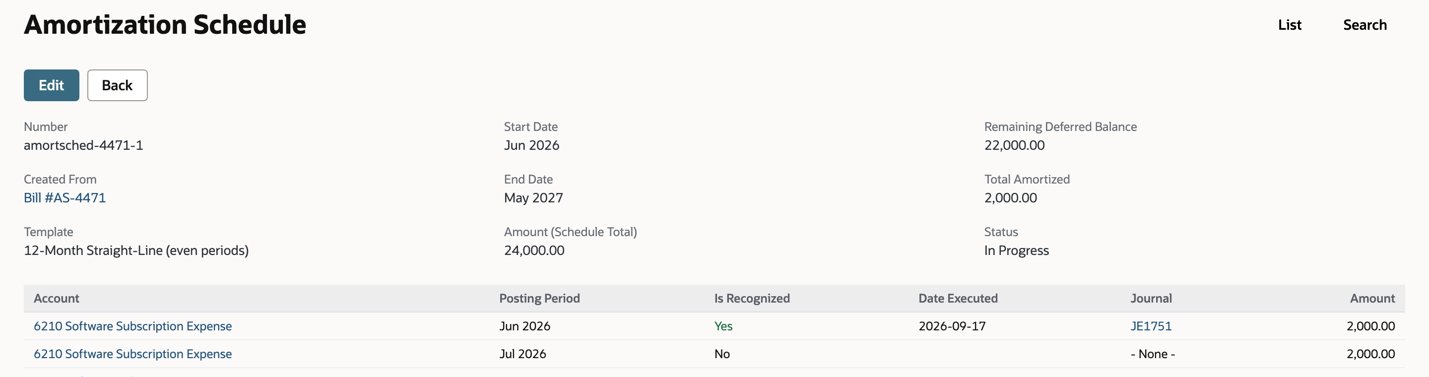 NetSuite amortization schedule with the first row recognised, a linked journal, Total Amortized 2,000.00 and 22,000.00 remaining deferred