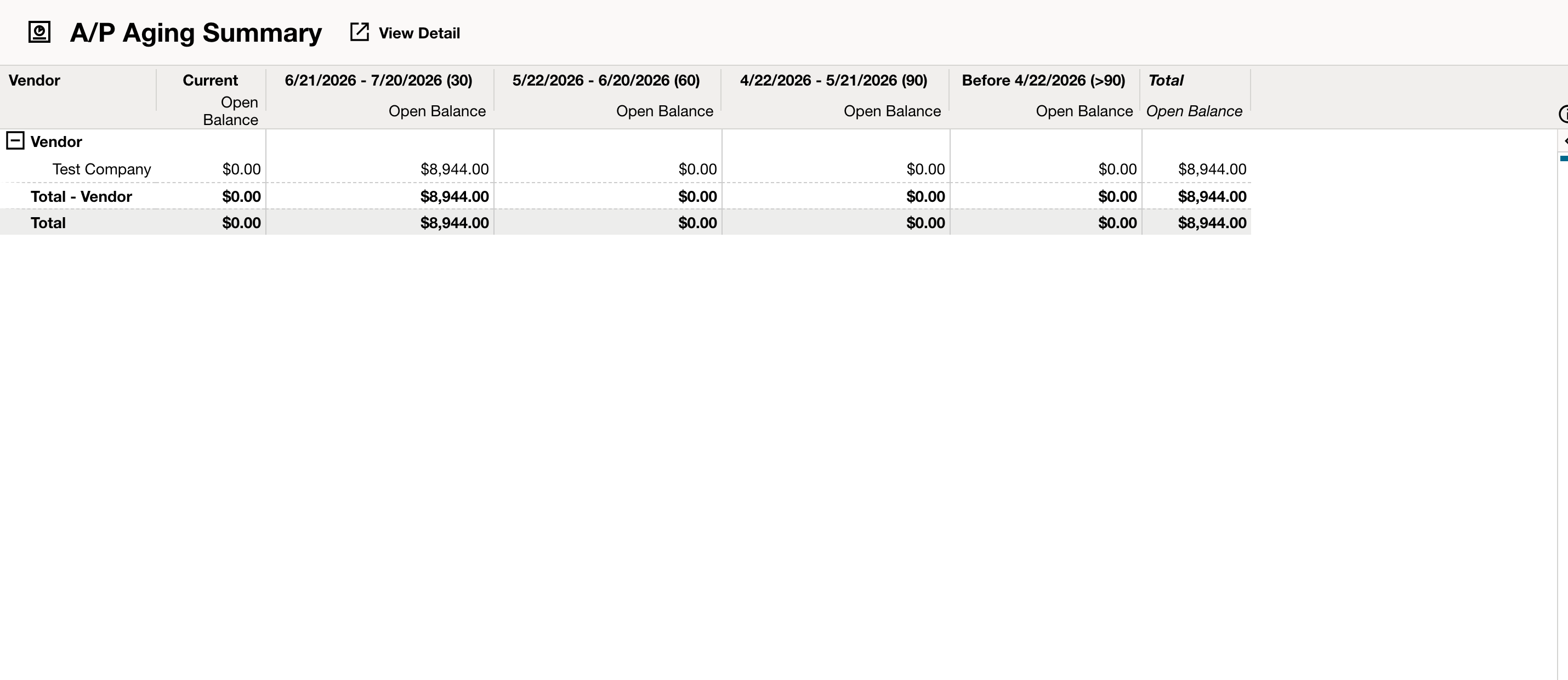 NetSuite: The vendor balance appears in the report’s dated aging bucket.