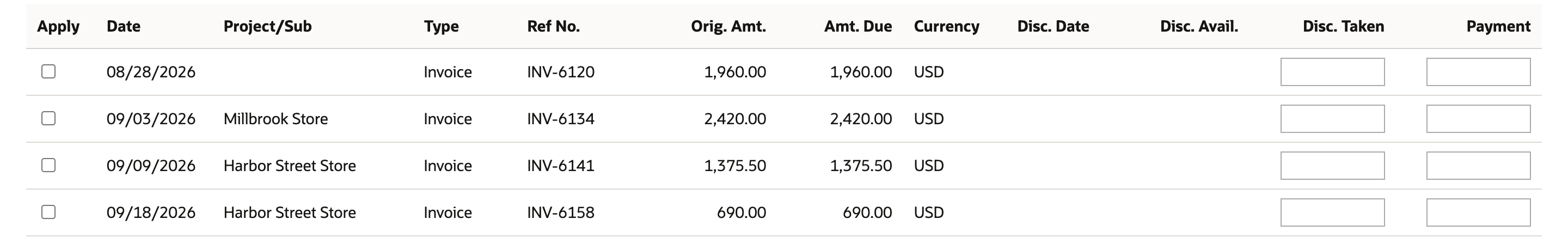 The Apply sublist lists four unchecked invoices: INV-6120 for 1,960.00 with a blank Project/Sub, INV-6134 for 2,420.00 for Millbrook Store, INV-6141 for 1,375.50 and INV-6158 for 690.00 for Harbor Street Store.