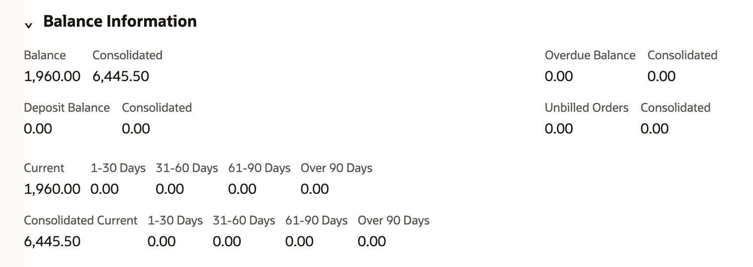 Balance Information on Alder Valley Foods shows Balance 1,960.00 and, marked by a red arrow, Consolidated 6,445.50. Consolidated Current is also 6,445.50.