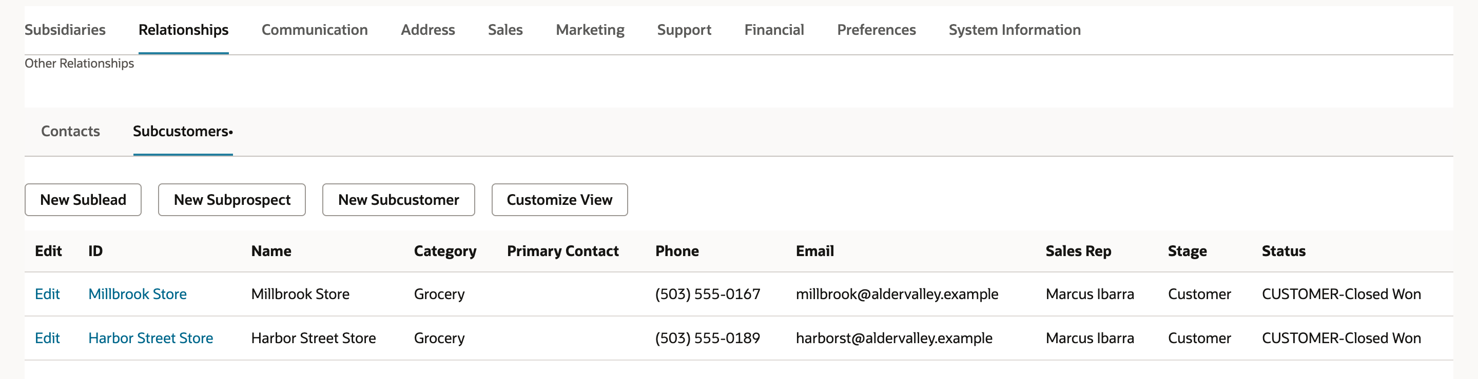 The Subcustomers sublist on the Relationships subtab of Alder Valley Foods lists Millbrook Store and Harbor Street Store, below the New Sublead, New Subprospect, New Subcustomer, and Customize View buttons.