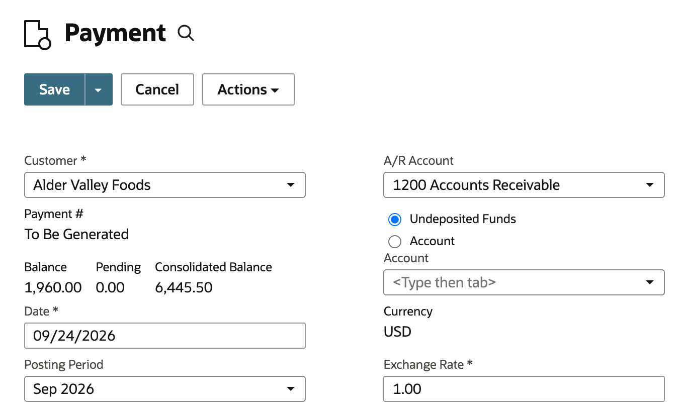 A new customer payment with Customer Alder Valley Foods, Balance 1,960.00, Pending 0.00, and a red arrow pointing to Consolidated Balance 6,445.50, with Date 09/24/2026, A/R Account 1200 Accounts Receivable, and Undeposited Funds selected.