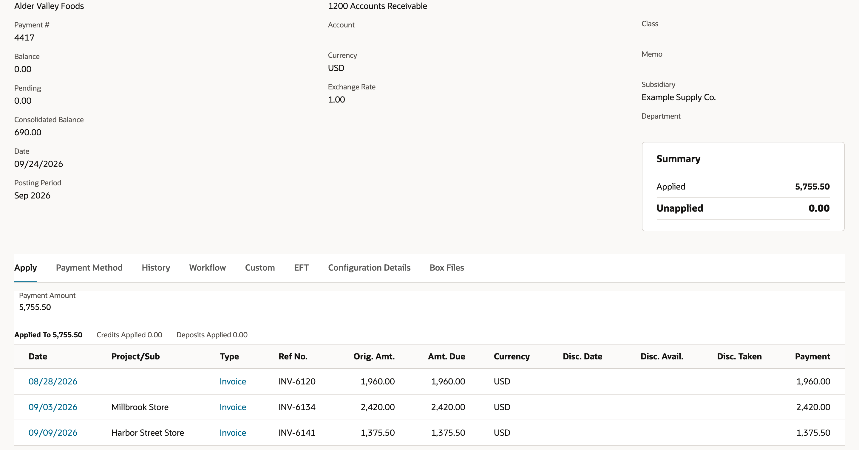 Saved payment 4417 for Alder Valley Foods with Balance 0.00, Consolidated Balance 690.00, Summary Applied 5,755.50 and Unapplied 0.00, and an Apply sublist showing INV-6120, INV-6134 for Millbrook Store, and INV-6141 for Harbor Street Store, for Applied To 5,755.50.