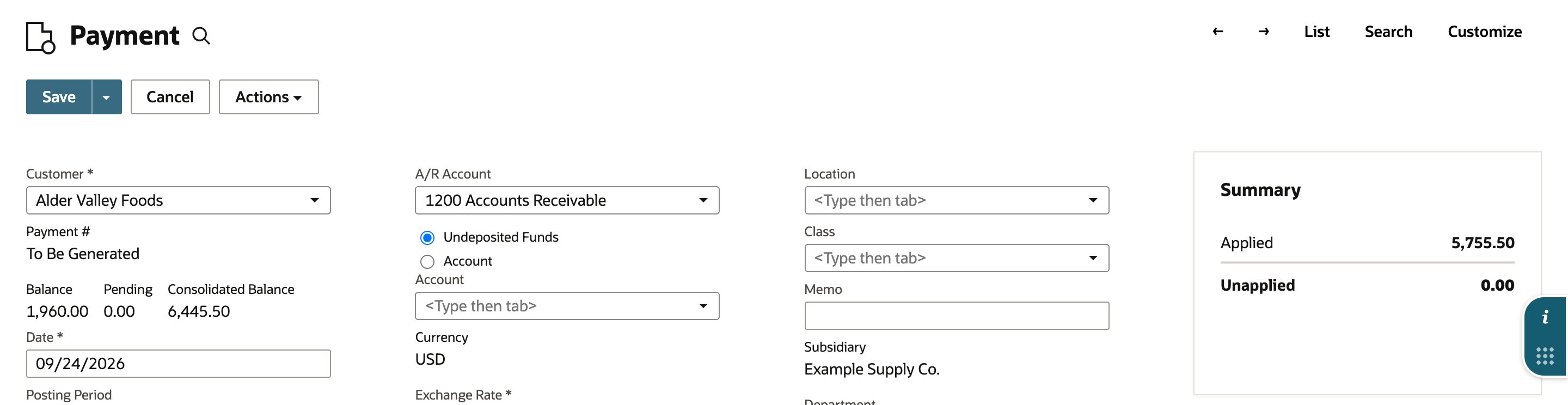 The unsaved payment for Alder Valley Foods with a Summary showing Applied 5,755.50 and Unapplied 0.00.