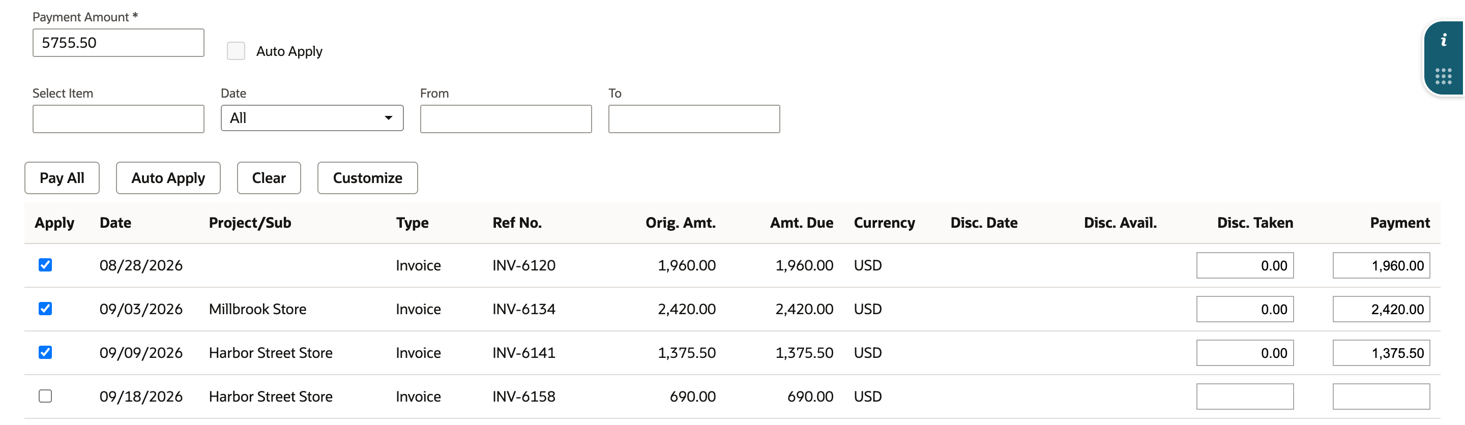 Payment Amount 5755.50, with INV-6120, INV-6134, and INV-6141 checked and Payment 1,960.00, 2,420.00, and 1,375.50. INV-6158 for 690.00 is unchecked with an empty Payment.