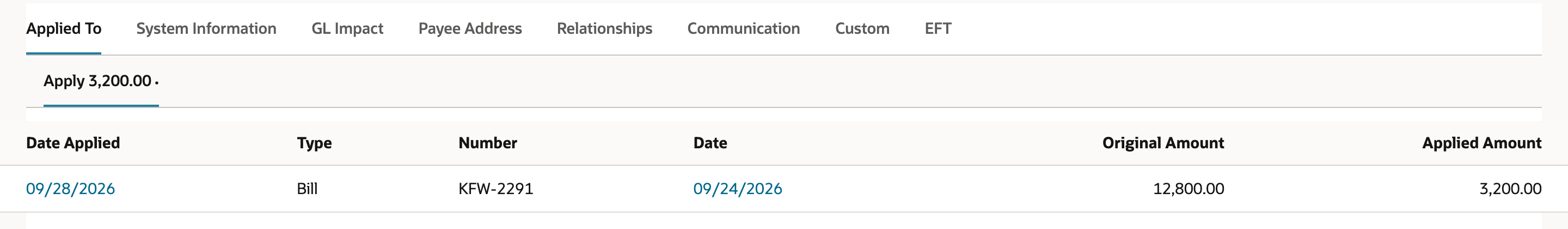 The Applied To subtab on Vendor Prepayment 5127 lists bill KFW-2291 with Original Amount 12,800.00 and Applied Amount 3,200.00.