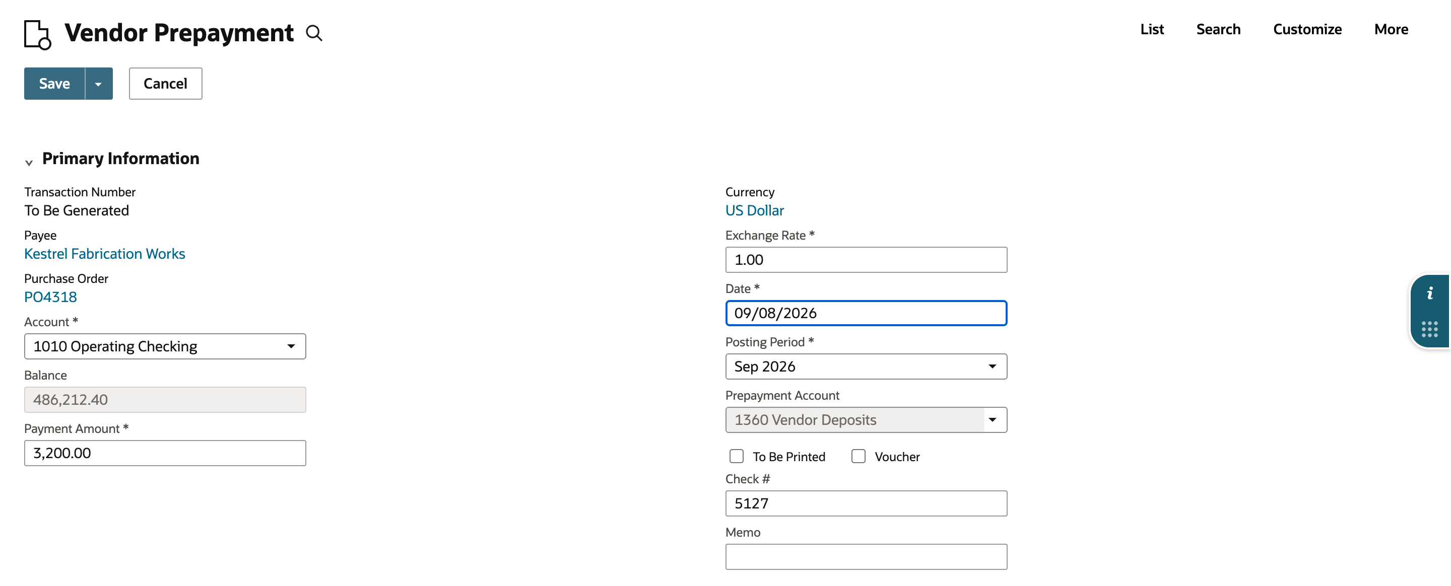 The Vendor Prepayment form with Payment Amount changed to 3,200.00, marked by a red arrow, Date 09/08/2026, Posting Period Sep 2026, and Prepayment Account 1360 Vendor Deposits.