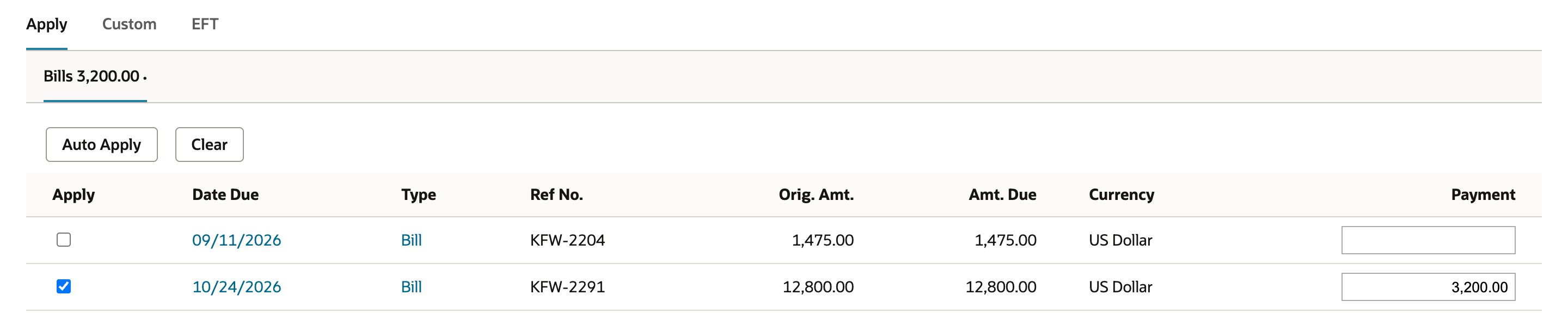 KFW-2291 is checked on the Apply subtab and a red arrow points to its Payment of 3,200.00, while KFW-2204 stays unchecked with an empty Payment.