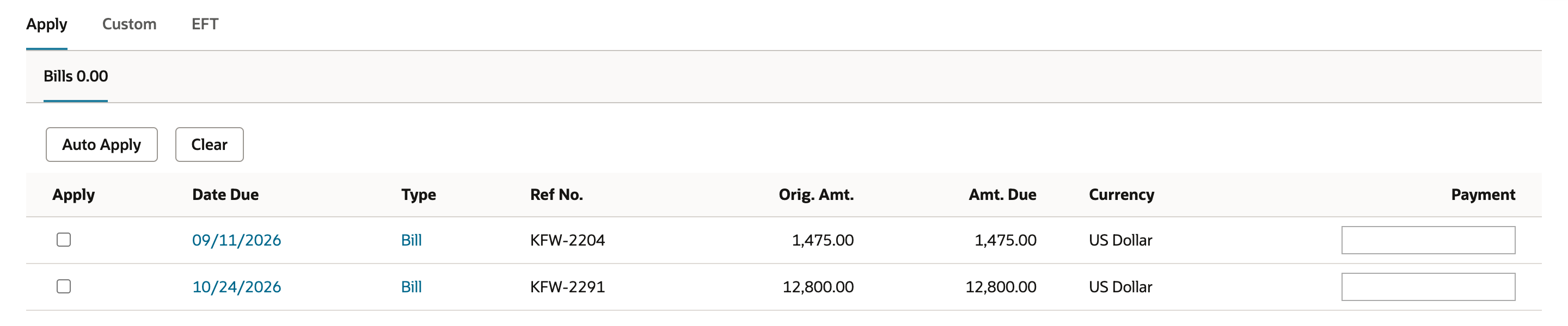 The Apply subtab with Auto Apply and Clear buttons lists two unchecked bills: KFW-2204 due 09/11/2026 with Amt. Due 1,475.00, and KFW-2291 due 10/24/2026 with Amt. Due 12,800.00.