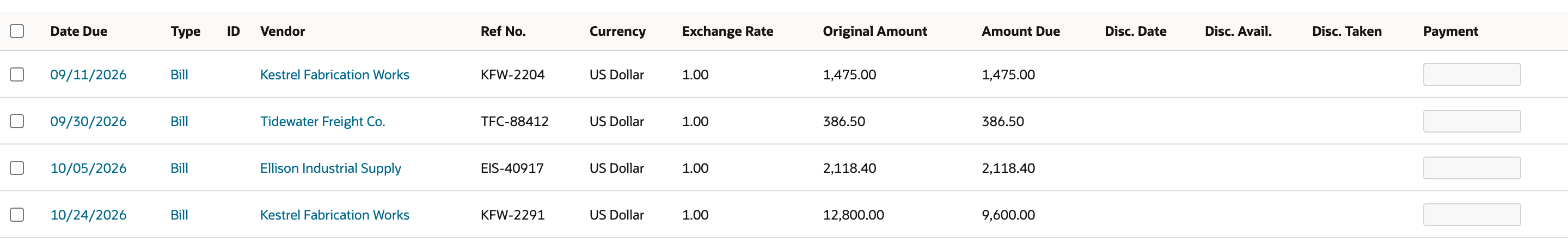 Pay Bills lists four open bills. A red arrow points to KFW-2291 from Kestrel Fabrication Works with Original Amount 12,800.00 and Amount Due 9,600.00. KFW-2204 shows Amount Due 1,475.00.