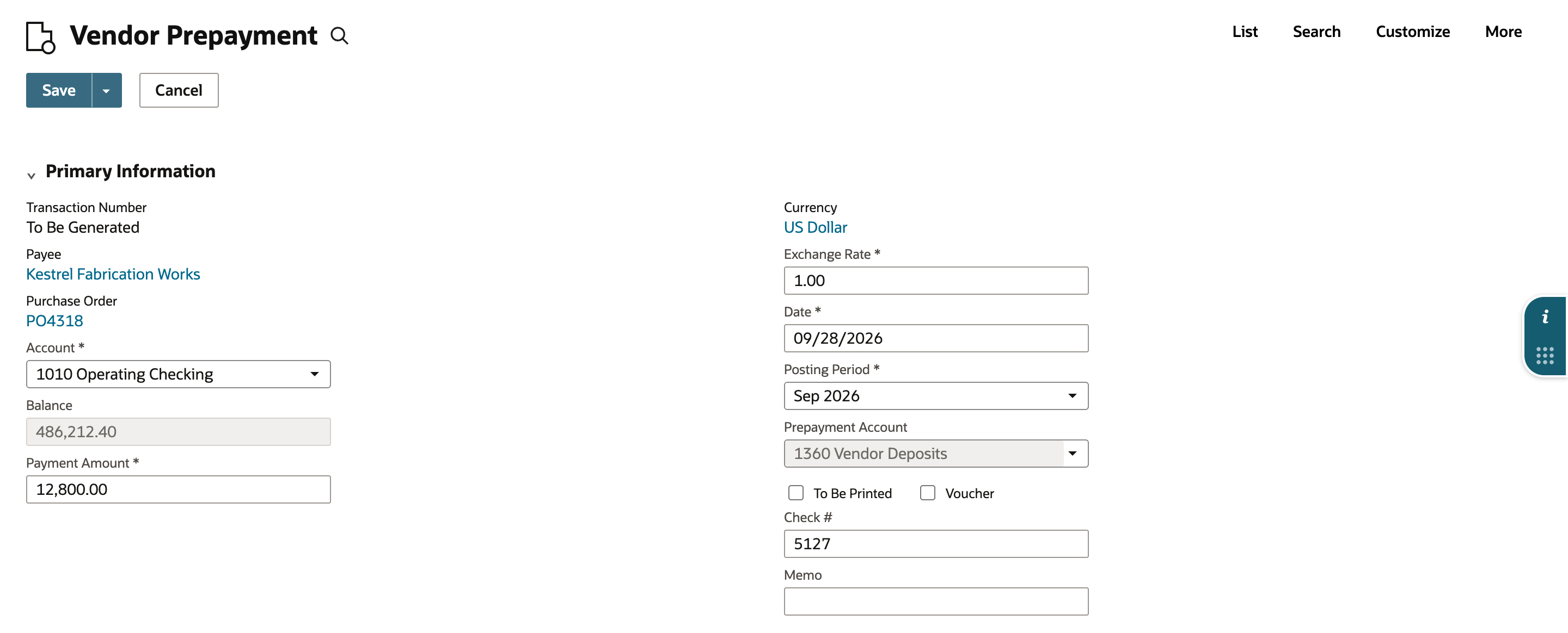 A new Vendor Prepayment with Payee Kestrel Fabrication Works, Purchase Order PO4318, Account 1010 Operating Checking, Prepayment Account 1360 Vendor Deposits, and a red arrow pointing to Payment Amount 12,800.00.
