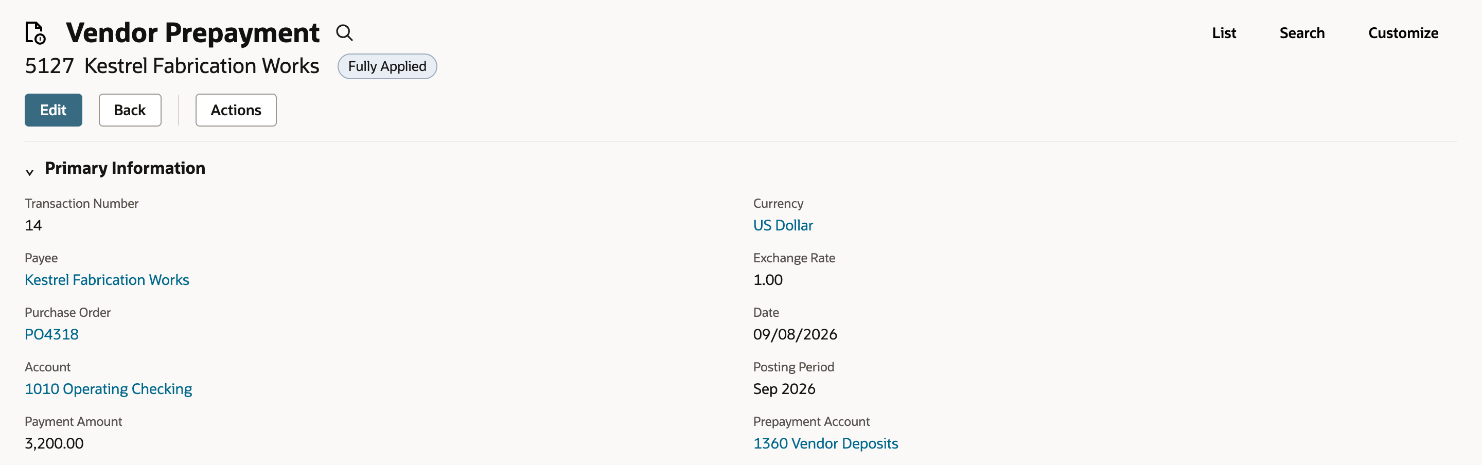 Vendor Prepayment 5127 for Kestrel Fabrication Works with status Fully Applied, Payment Amount 3,200.00, and only Edit, Back, and Actions in the button bar.