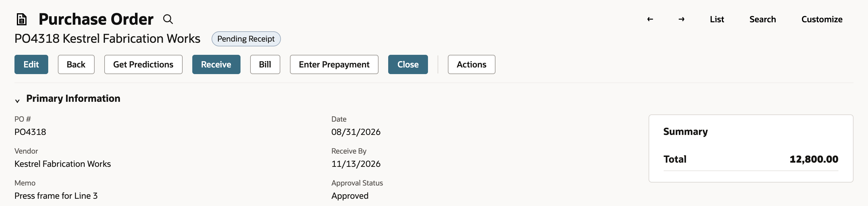 Purchase order PO4318 for Kestrel Fabrication Works with status Pending Receipt, Summary Total 12,800.00, and a red arrow pointing to the Enter Prepayment button.