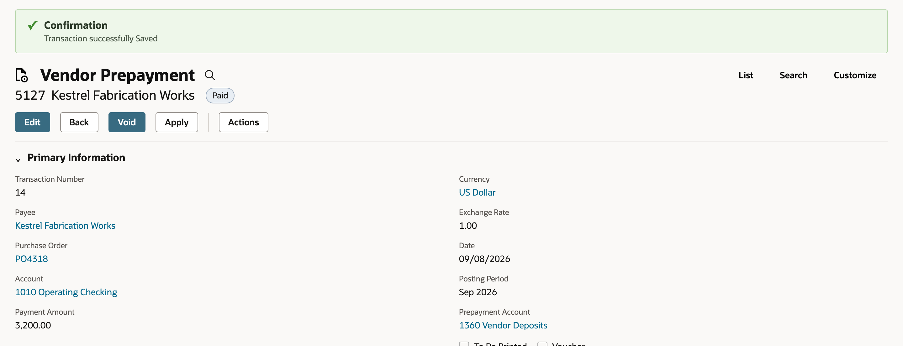 Saved Vendor Prepayment 5127 for Kestrel Fabrication Works with status Paid, Payment Amount 3,200.00, Date 09/08/2026, and a red arrow pointing to the Apply button.