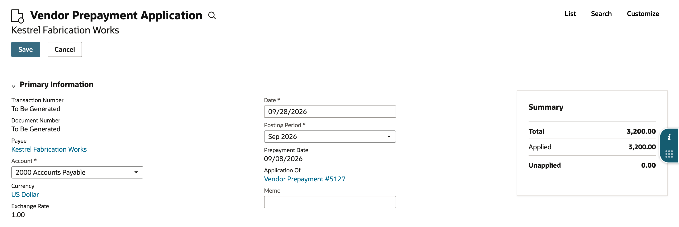 The unsaved Vendor Prepayment Application Summary shows Total 3,200.00, Applied 3,200.00, and Unapplied 0.00.