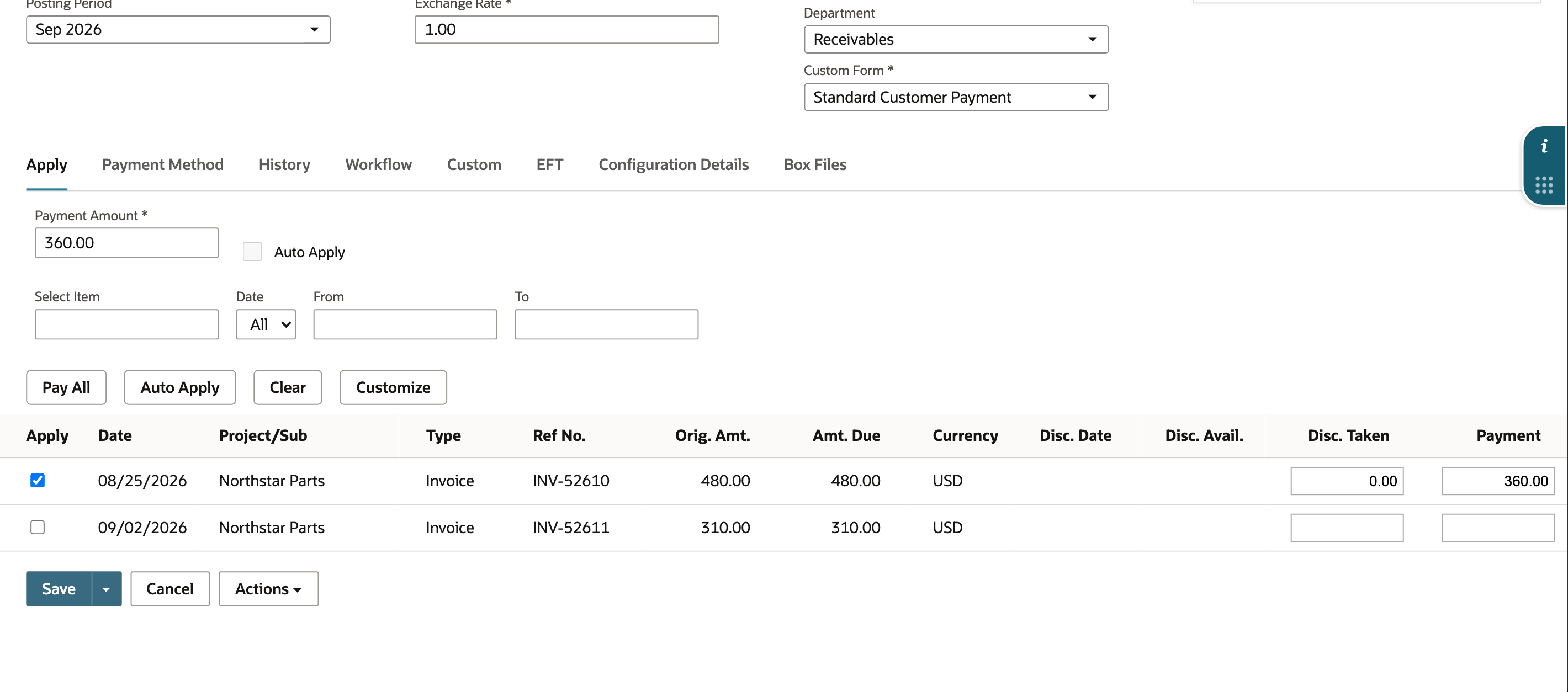 NetSuite customer payment PMT-52740 in edit mode with the Apply box ticked on invoice INV-52610, Payment 360.00, and Summary Applied 360.00 Unapplied 0.00