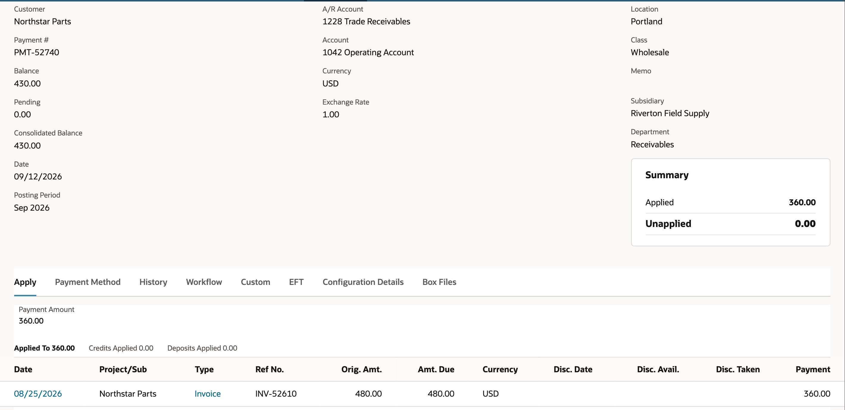 Saved NetSuite customer payment PMT-52740 with Applied 360.00, Unapplied 0.00, Balance 430.00 and INV-52610 in the applied list