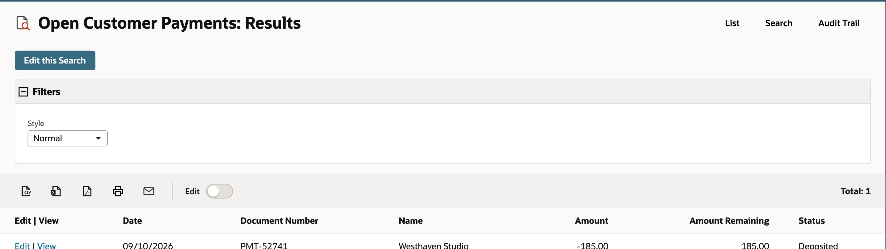 Rerun NetSuite saved search Open Customer Payments showing only PMT-52741 with Total 1