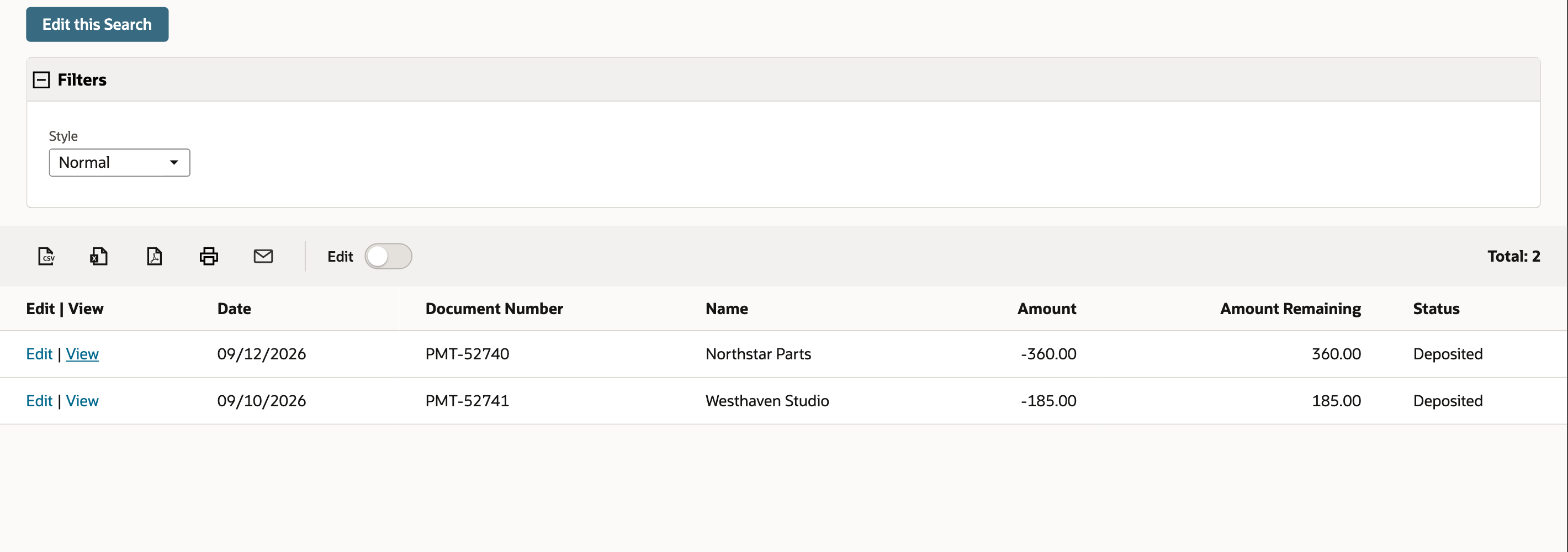 NetSuite saved search results listing PMT-52740 and PMT-52741 with Amount Remaining 360.00 and 185.00