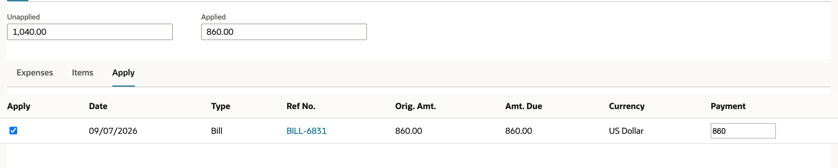 Apply $860.00 to BILL-6831 and leave other bills unselected.
