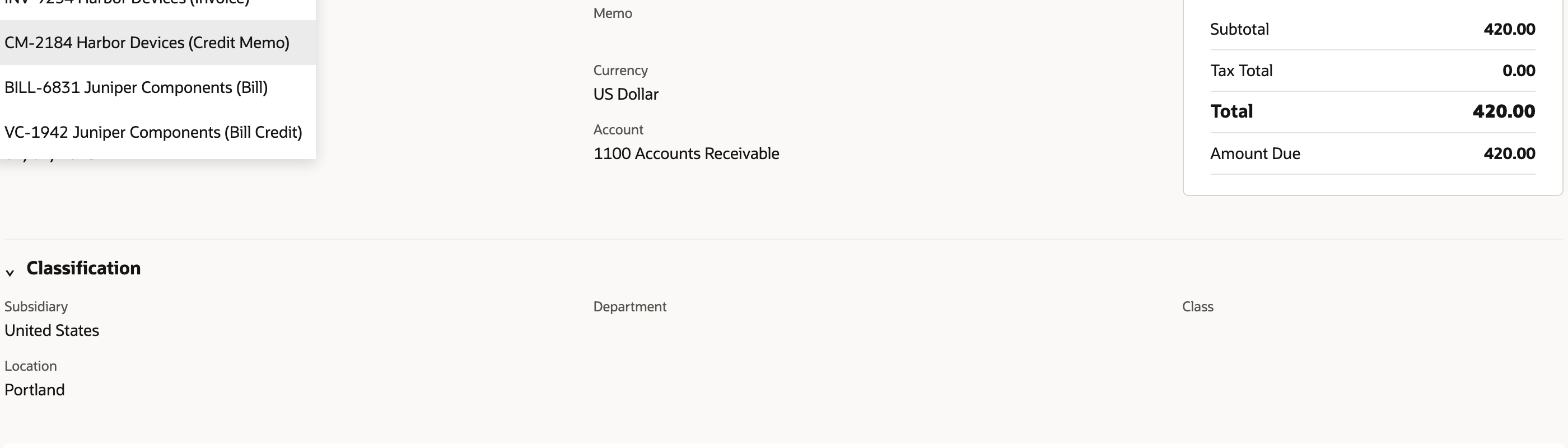 The starting invoice has $420.00 due for Harbor Devices.