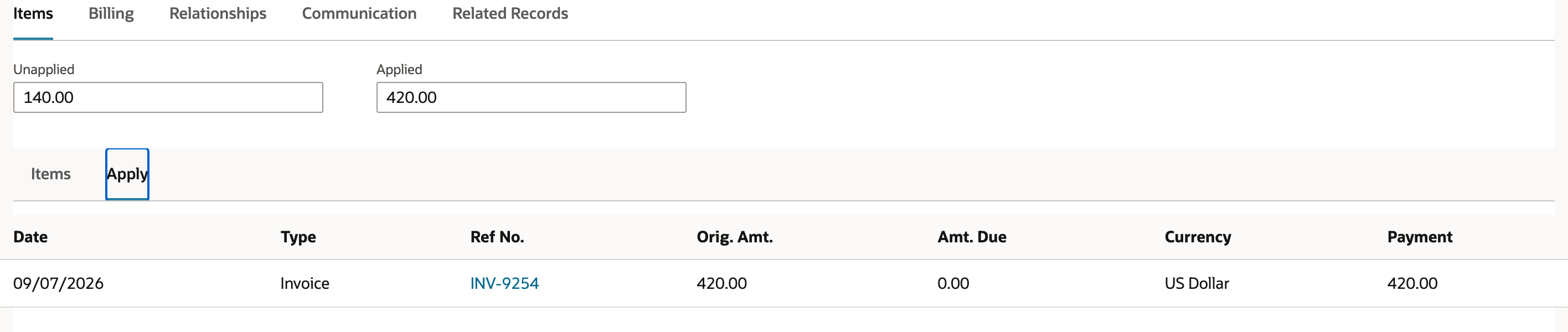 The saved credit lists a $420.00 application to INV-9254.