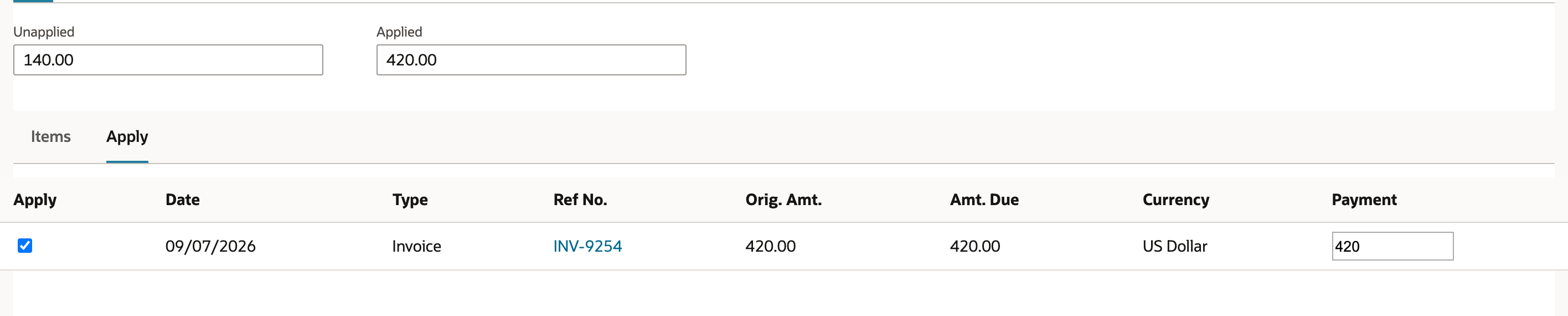 Select INV-9254 and apply $420.00 from the existing credit.