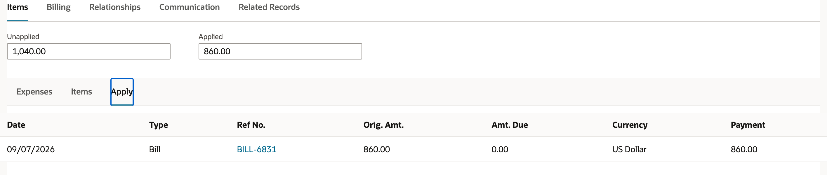 The saved bill-credit application is $860.00, leaving $1,040.00 unused.