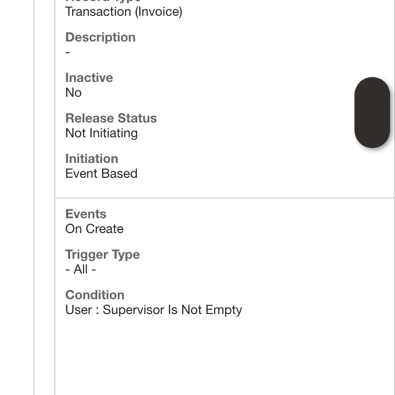 Workflow Summary showing Transaction (Invoice), Event Based initiation, and On Create.