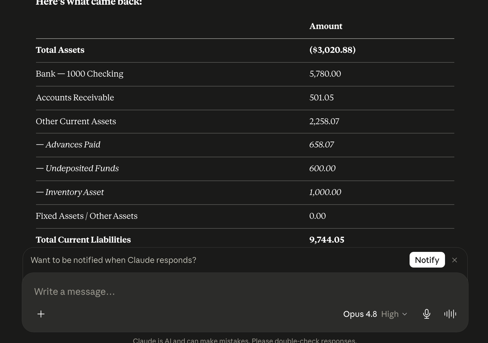 Claude displays the Balance Sheet summary, including the reported total assets figure.