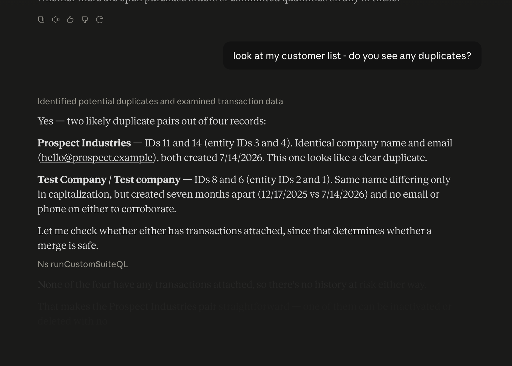 The customer duplicate question is entered below the inventory response.