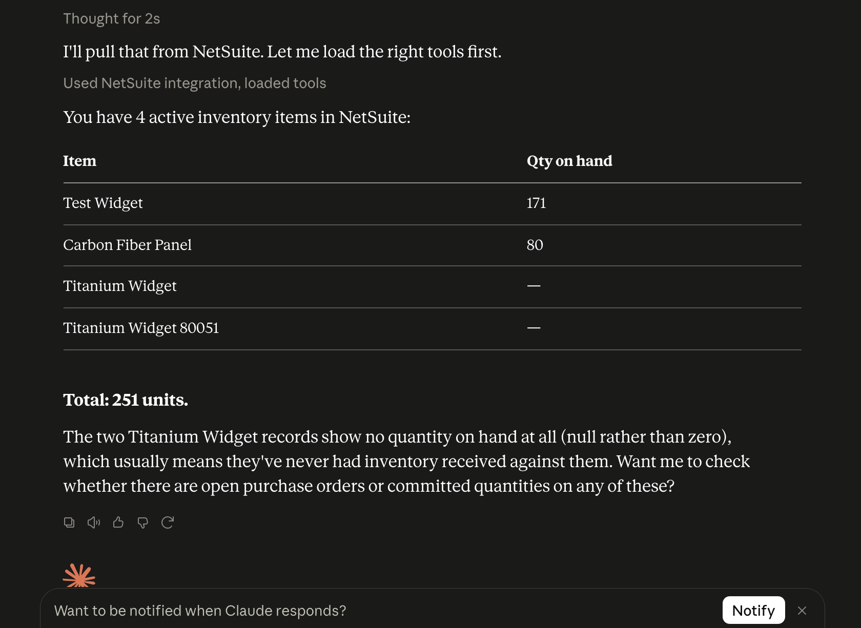 Claude returns four active inventory items and a displayed total of 251 units.