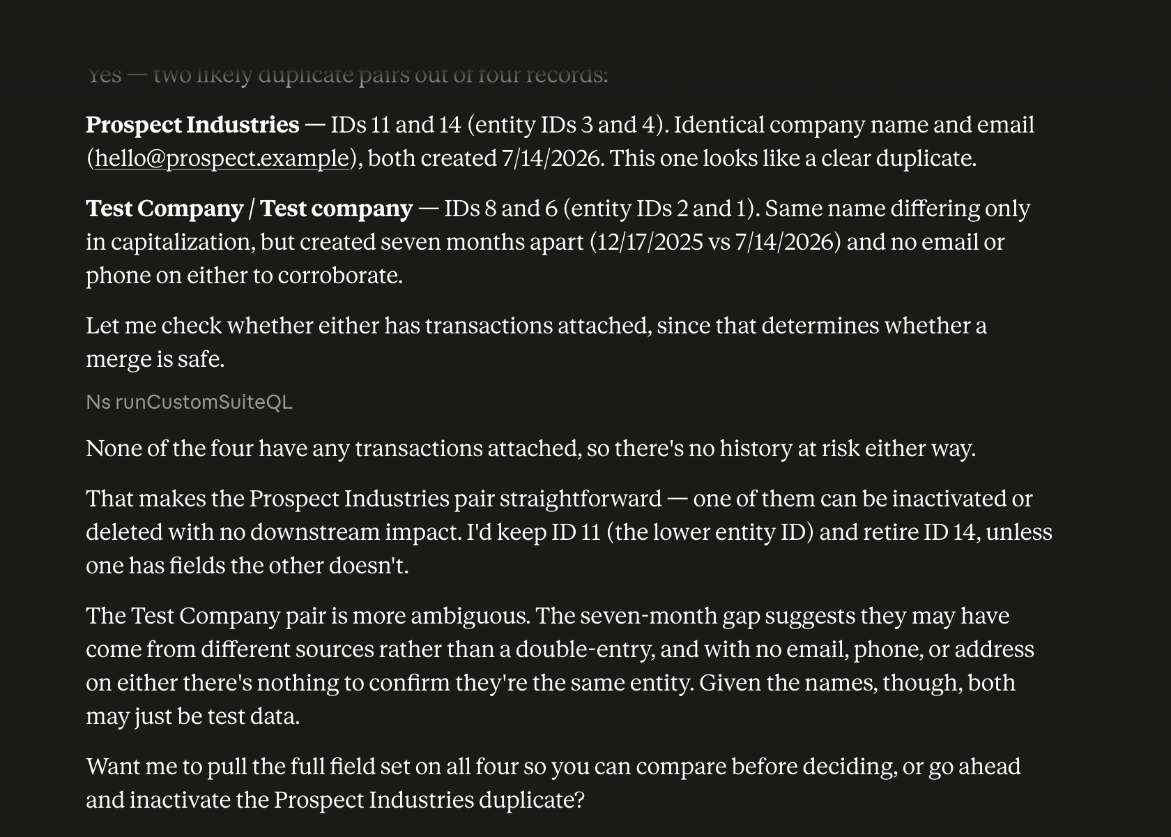 Claude lists possible duplicate customers and the fields it compared.