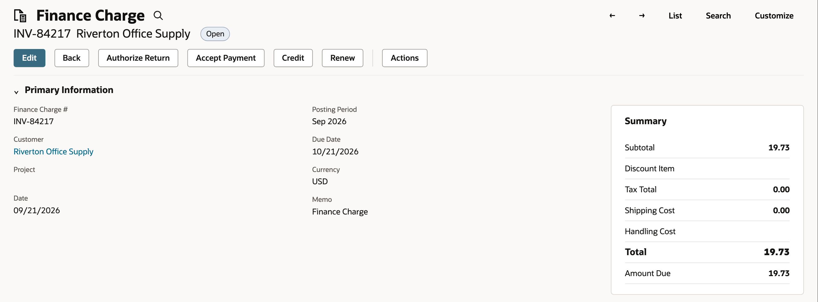 NetSuite Finance Charge record INV-84217 for Riverton Office Supply showing Memo Finance Charge, Due Date 10/21/2026, and Amount Due 19.73