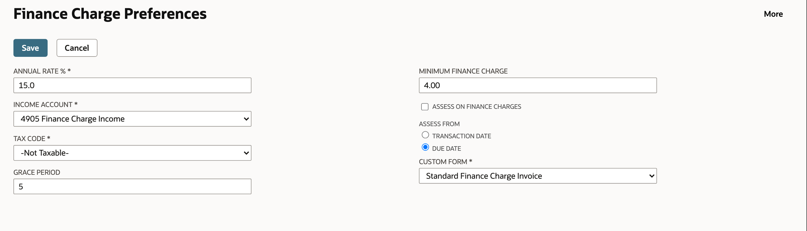 NetSuite Finance Charge Preferences showing Annual Rate % 15.0, Grace Period 5, Minimum Finance Charge 4.00, and Assess From set to Due Date