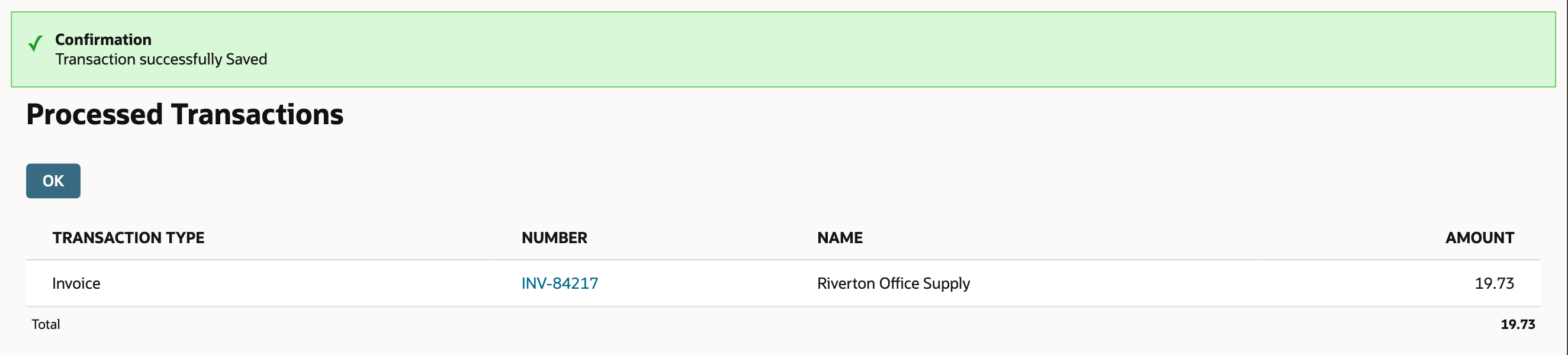 NetSuite Processed Transactions page listing invoice INV-84217 for Riverton Office Supply with amount 19.73