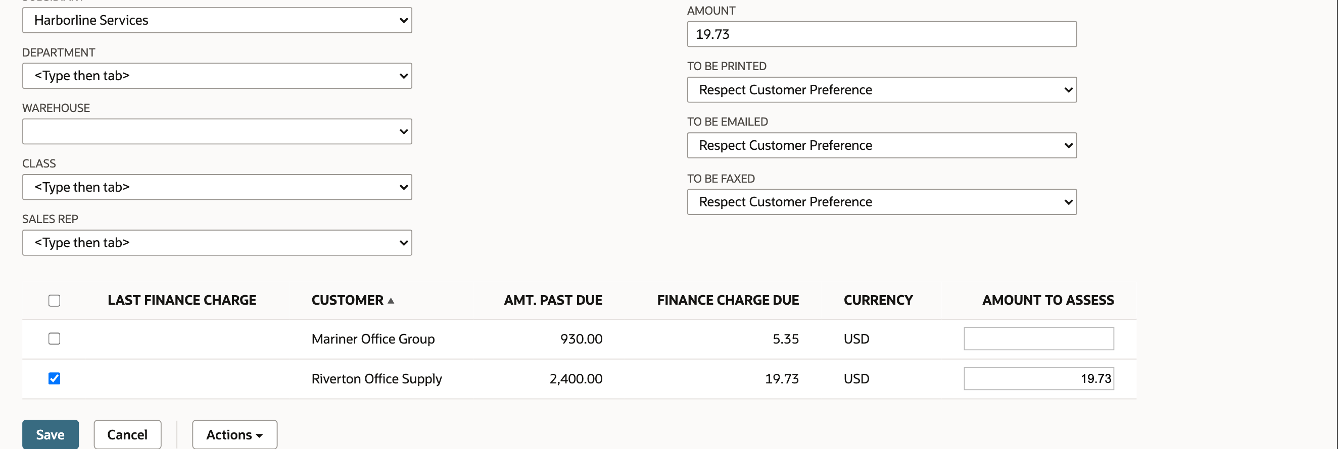 NetSuite Finance Charge assessment page with Riverton Office Supply ticked, Finance Charge Due 19.73, Amount to Assess 19.73, and the header Amount 19.73