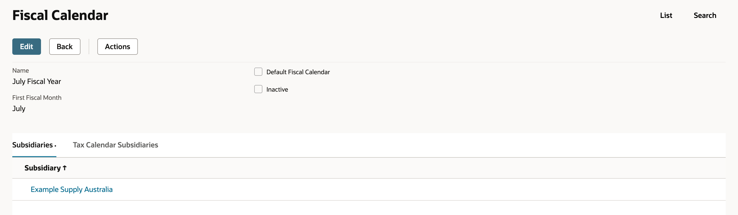 July Fiscal Year record listing Example Supply Australia on the Subsidiaries subtab