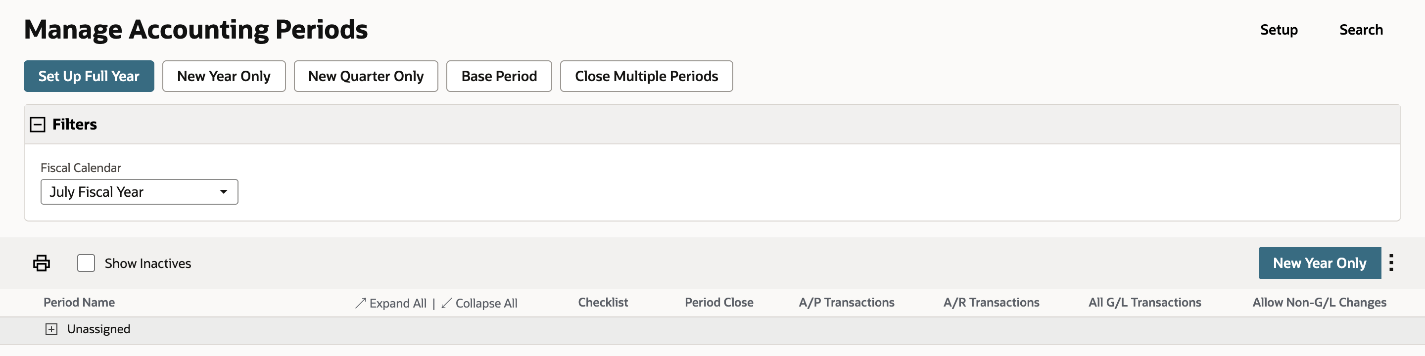 Manage Accounting Periods with Fiscal Calendar July Fiscal Year and only an Unassigned row