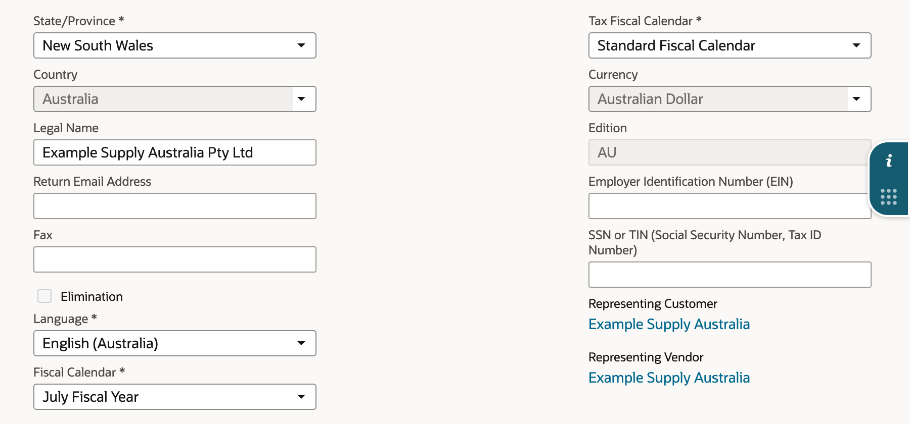 Subsidiary edit form with Fiscal Calendar set to July Fiscal Year and Tax Fiscal Calendar still Standard Fiscal Calendar