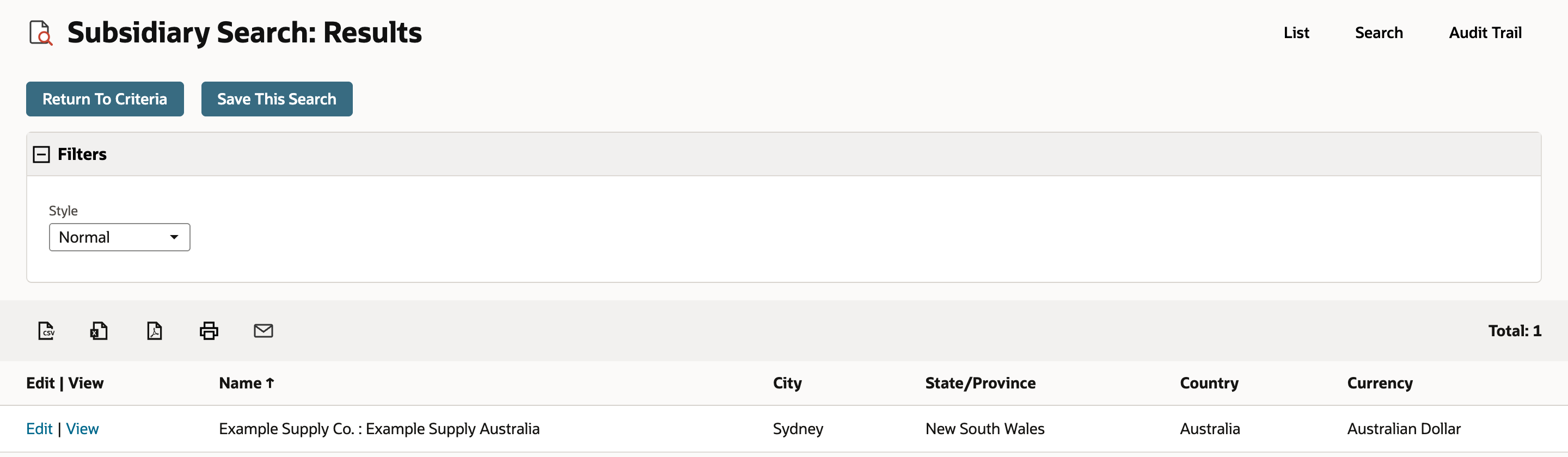 Subsidiary Search Results with one row, Example Supply Co. : Example Supply Australia, and Total 1