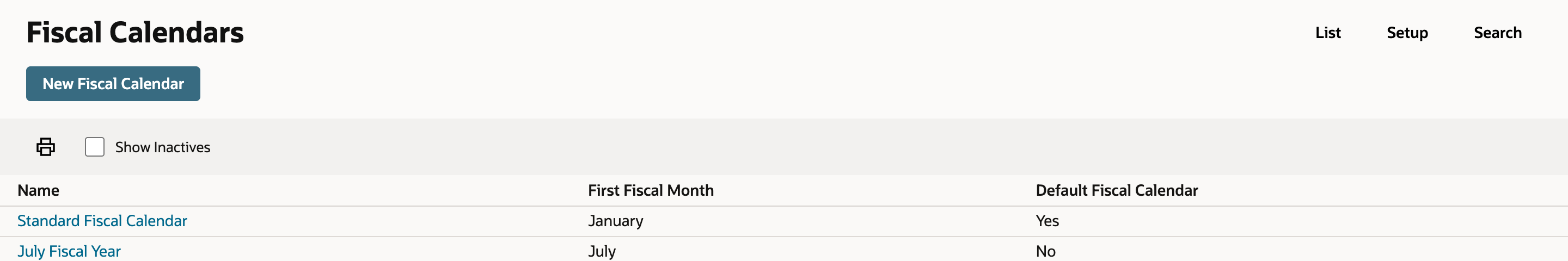 Fiscal Calendars list with Standard Fiscal Calendar January Yes and July Fiscal Year July No