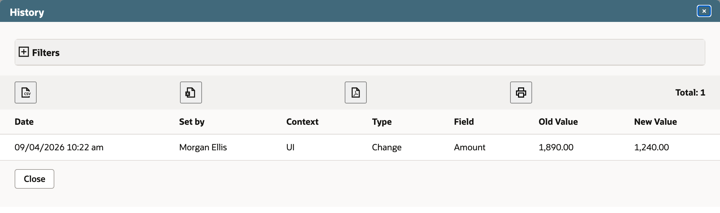 Line History records the amount changing from $1,890.00 to $1,240.00.
