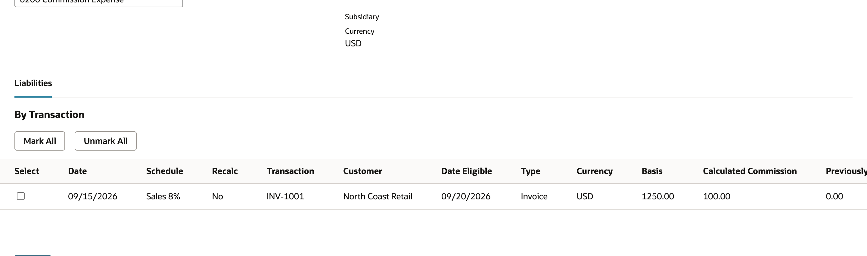 Commission detail connects the invoice to the schedule, sales basis, and calculated commission.