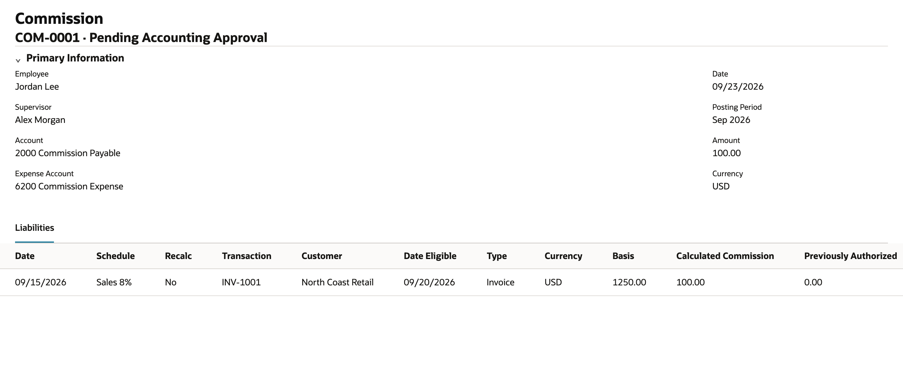 Generated commission transaction COM-0001 is pending accounting approval.