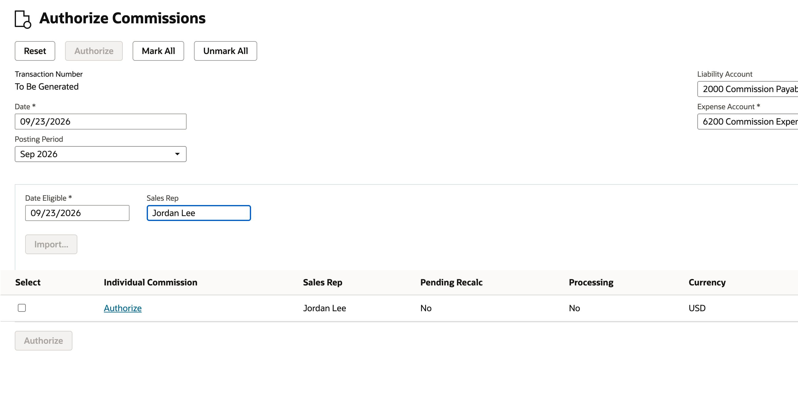 Authorize Employee Commissions lists Jordan Lee's pending commission.