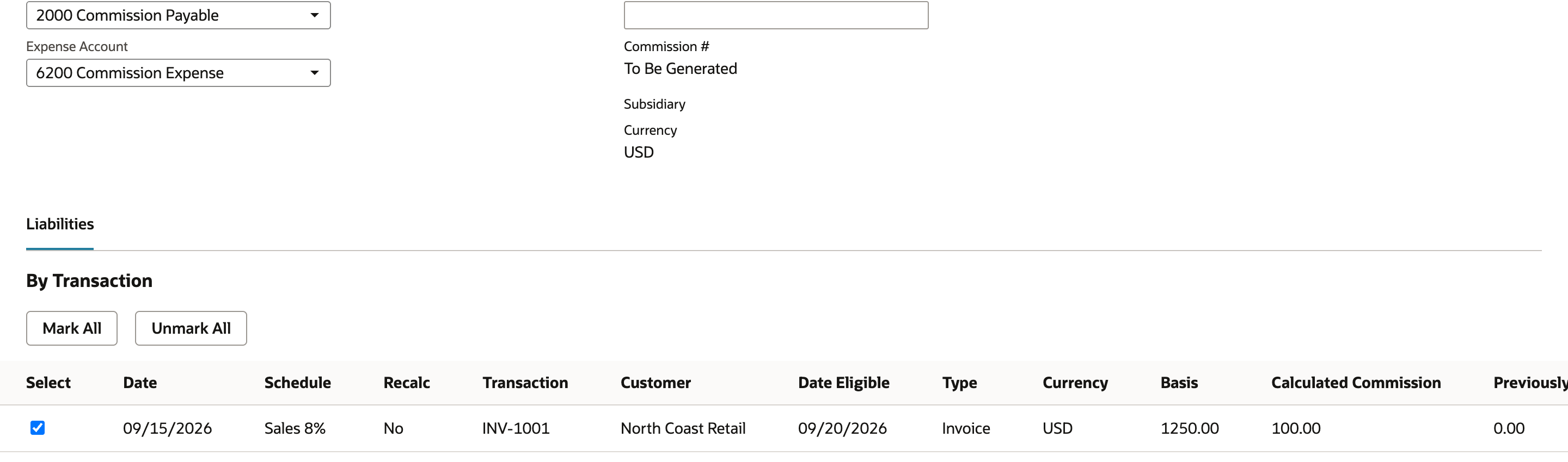 The reviewed commission transaction is selected for authorization.