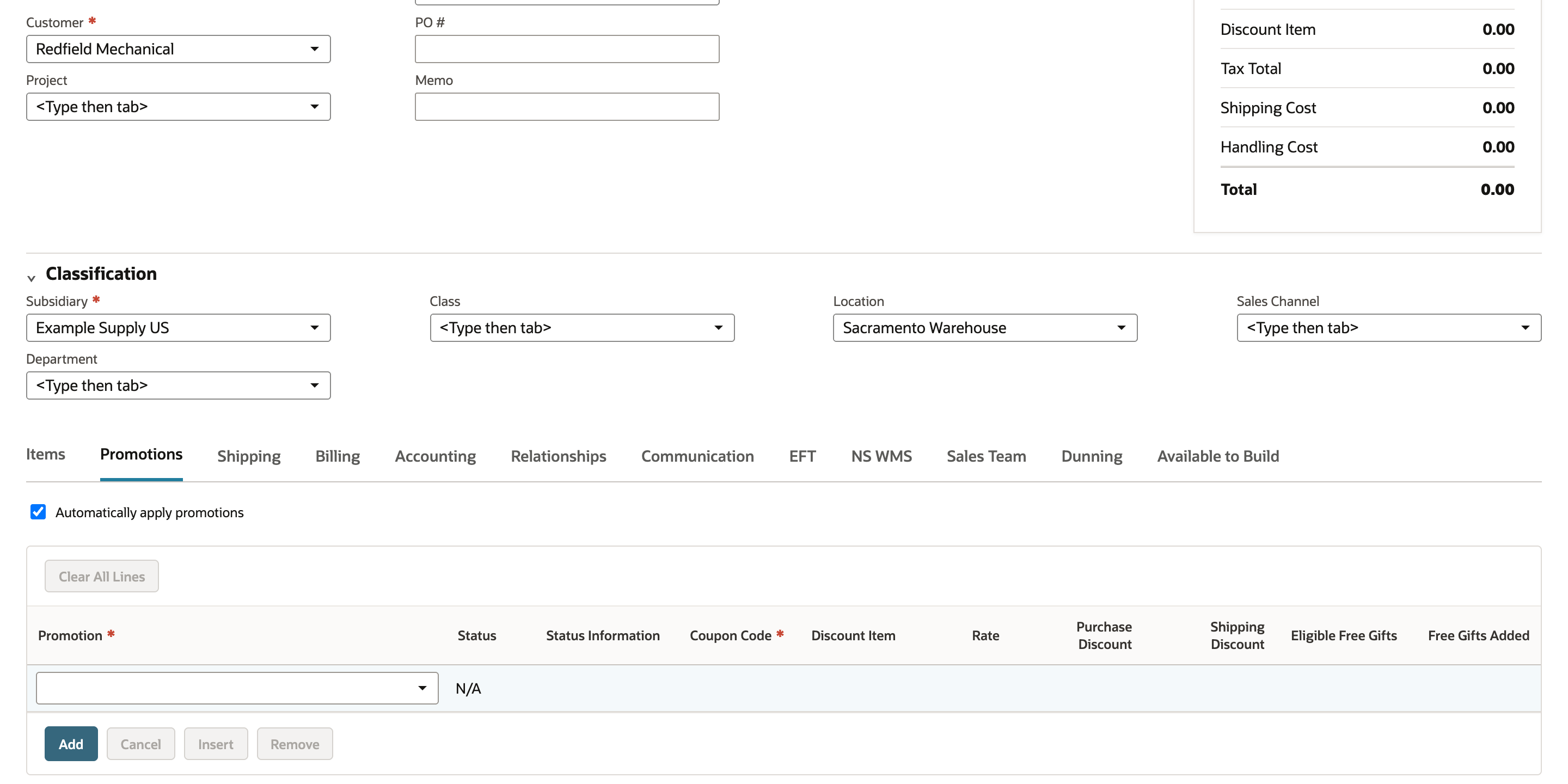A new sales order for Redfield Mechanical with the Promotions subtab open. Automatically apply promotions is checked and an arrow points to it. The promotions grid has only an empty entry row with Status N/A. The Summary shows Discount Item 0.00 and Total 0.00.