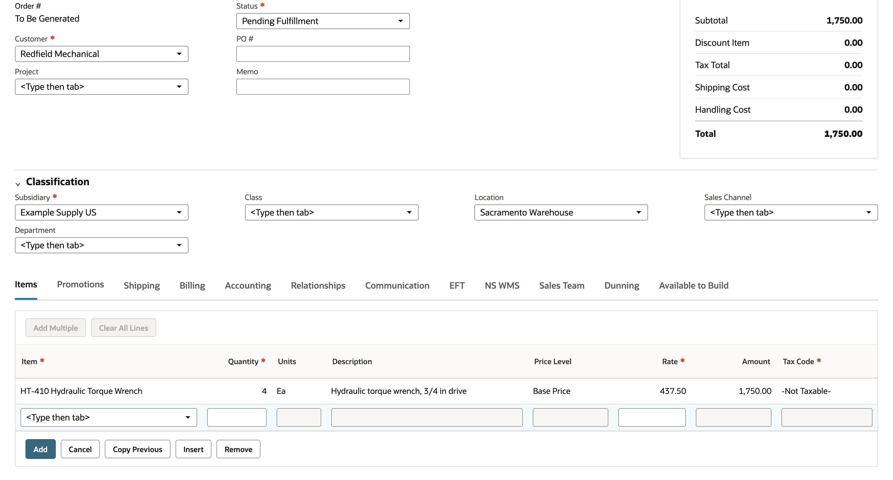 The sales order Items subtab with one line: HT-410 Hydraulic Torque Wrench, Quantity 4, Rate 437.50, Amount 1,750.00. The Summary shows Subtotal 1,750.00, Discount Item 0.00 with an arrow pointing to it, and Total 1,750.00.